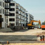 Urban development showing new apartment complexes in Wrocław, Poland.